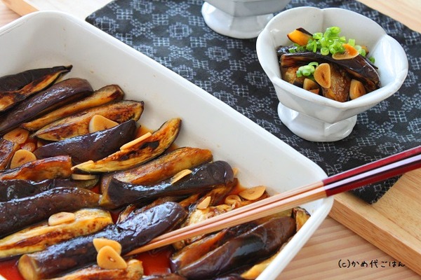 焼き茄子のにんにく醤油漬け