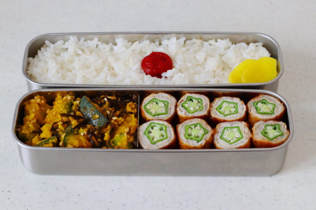 かめ代弁当
kameyo
2品弁当
オクラの肉巻き
かぼちゃの塩昆布和え