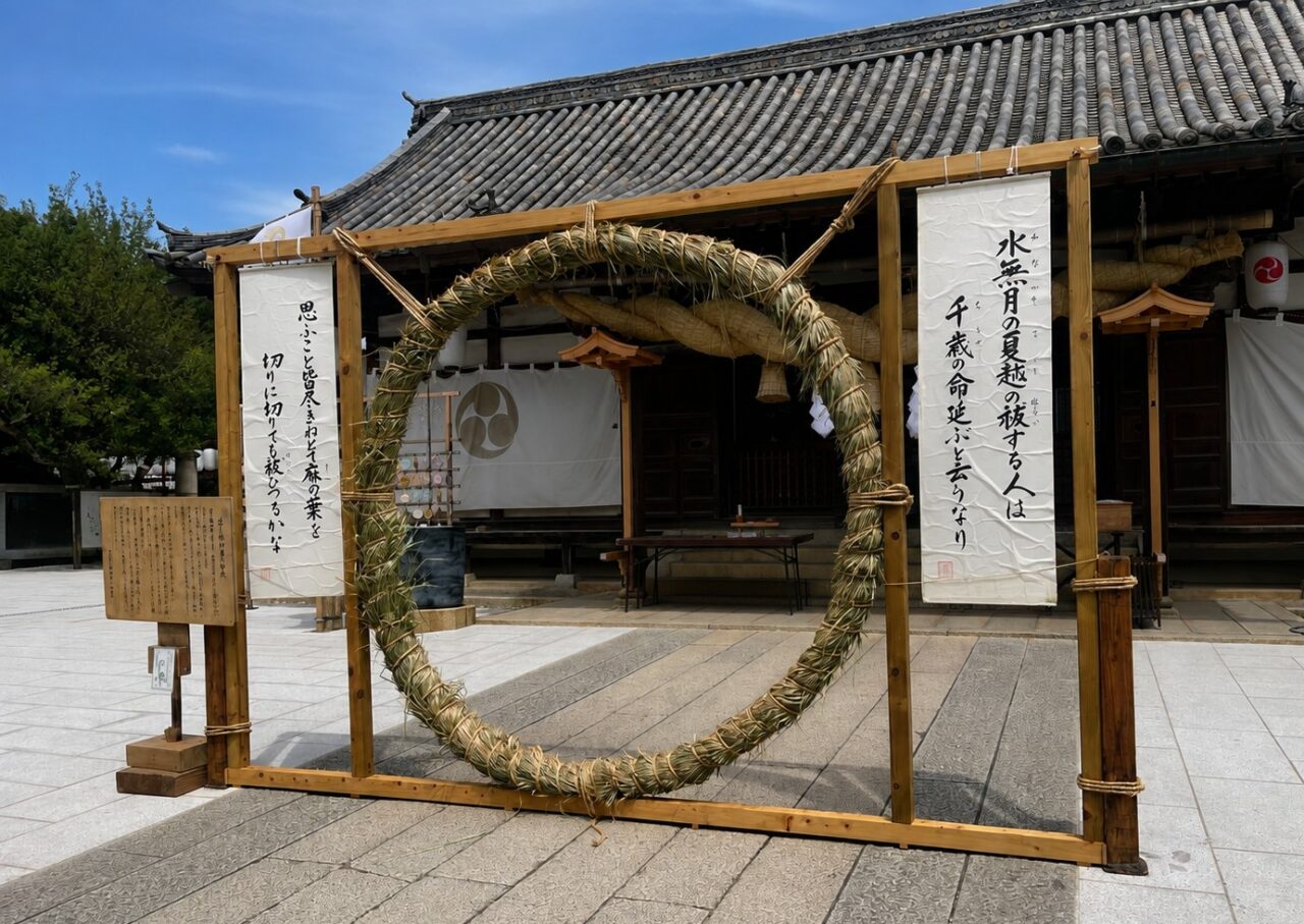 倉敷美観地区の阿智神社に設置された夏越の祓の大茅の輪