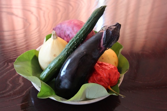 初盆に蓮の葉に盛ってお供えした季節の野菜